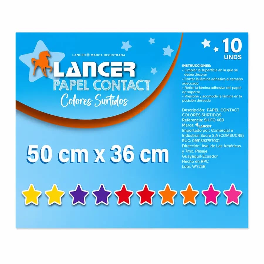 FORRO PAPEL CONTAC COLOR LANCER X10UN FO.400